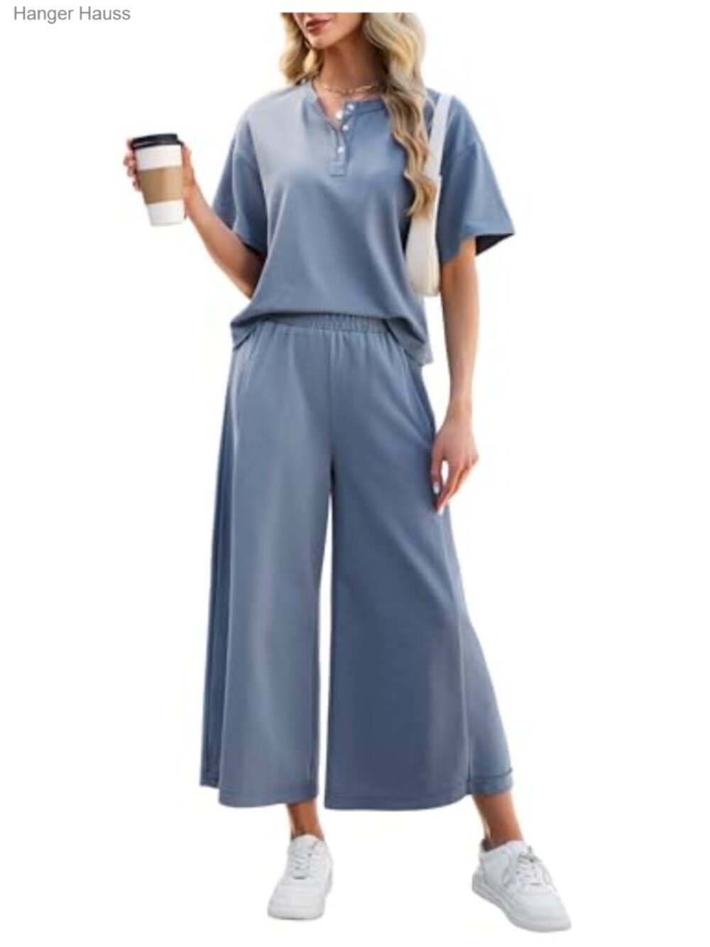 2 Piece Outfit Set Short Sleeve Henley Top Wide Leg Pants Travel Lounge